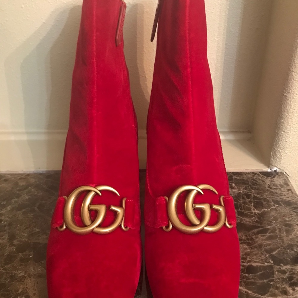 Gucci Red Devil Victoire 55 Velvet Ankle Boot.